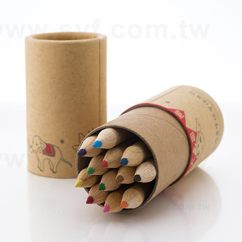 52EA-0025-彩色鉛筆-牛皮紙圓筒印刷禮品-原木廣告筆-12色採購客製印刷贈品筆