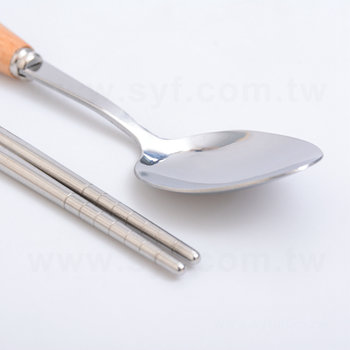 73AA-0007-小麥環保餐具筷勺二入組-木把柄不鏽鋼湯匙-隨身環保餐具餐盒推薦