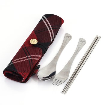 不鏽鋼餐具3件組-筷.叉.匙(魚尾型款)-附綁帶布套收納袋_0