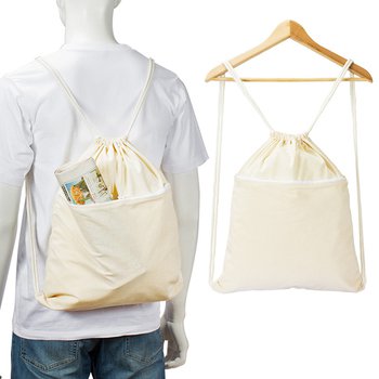 純棉布後背包-本白棉布/前拉鍊袋-單面單色束口背包_0