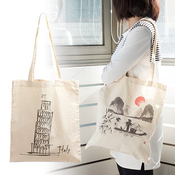 肩揹環保袋-本白棉布-單面彩色印刷購物袋_0