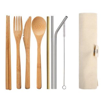 竹木製餐具8件組-筷.叉.匙.刀.吸管*3.刷子-附帆布套收納袋_0