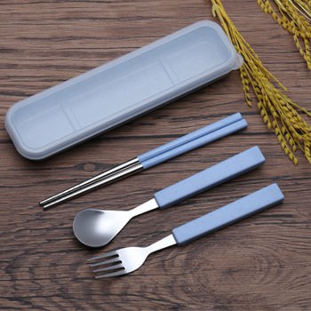不鏽鋼餐具3件組-筷.叉.匙(塑料柄)-附小麥收納盒-透明塑膠蓋-預算1萬元內_0