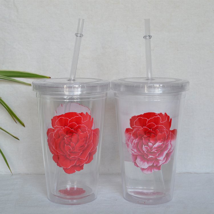 玫瑰變色附吸管塑膠隨手杯