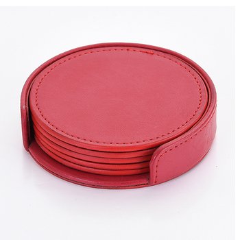 圓型皮革杯墊(紅)-隔熱杯墊壓印/雷雕印刷(一組5個)-可客製化印刷LOGO_0