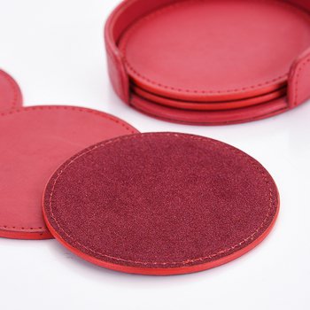 圓型皮革杯墊(紅)-隔熱杯墊壓印/雷雕印刷(一組5個)-可客製化印刷LOGO_1