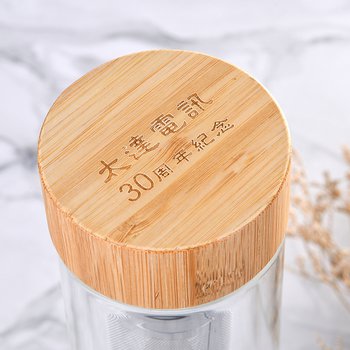 450ml竹蓋雙層玻璃瓶 | 茶水分離杯 | 杯蓋雷雕 | 附素束口袋 (客製化印刷LOGO)_2