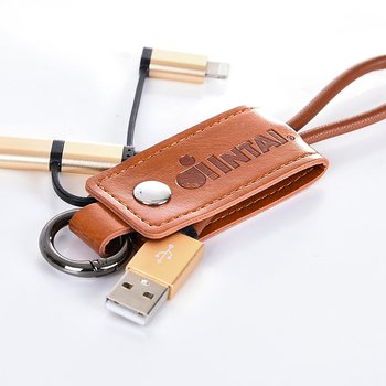 三合一充電線-伸縮拉繩皮革鑰匙圈充電線-可客製化印刷/烙印企業LOGO或宣傳標語_1