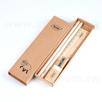 文具組-原木兩切鉛筆-木尺-橡皮擦-削鉛筆器-牛皮紙盒包裝-可印LOGO_0