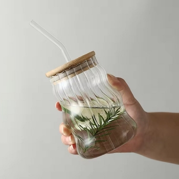 500ml創意波紋造型玻璃水杯-ins風大容量咖啡杯附吸管_1