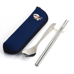 不鏽鋼餐具3件組-筷.匙.筷架-附潛水布拉鍊收納袋