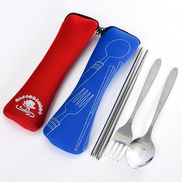 不鏽鋼餐具3件組-筷.叉.匙-附潛水布拉鍊收納袋