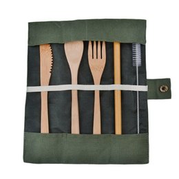 竹木製餐具5件組-匙.叉.刀.吸管.刷子-附帆布套收納袋