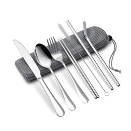 不鏽鋼餐具7件組-匙.筷.刀.叉.吸管x2.刷子-附塑膠收納盒.束口收納袋