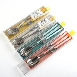 304不鏽鋼餐具2件組-透明滑蓋收納盒+矽膠掛勾