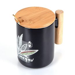 350ml竹蓋木把手陶瓷馬克杯-附湯匙