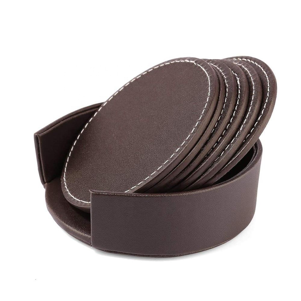 直徑10cm,PU Leather,黑/棕皮製杯墊